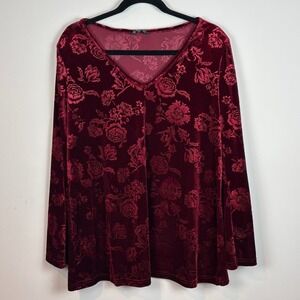 BloomChic Red Velvet Embossed Floral Flare Sleeve Stretch Blouse Womens US 10‎